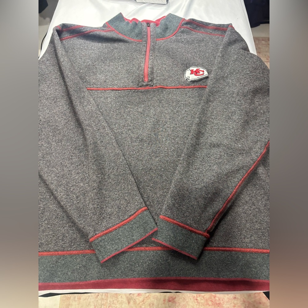 Tommy Bahama Gray Quarter-Zip Pullover with Red Trim - Chiefs Patch